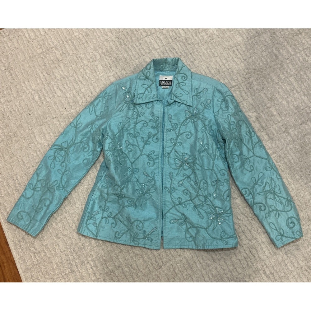 Yak Magik Jacket Green Blue Embroidered Flowers Sequins 100% Silk Long Sleeves S